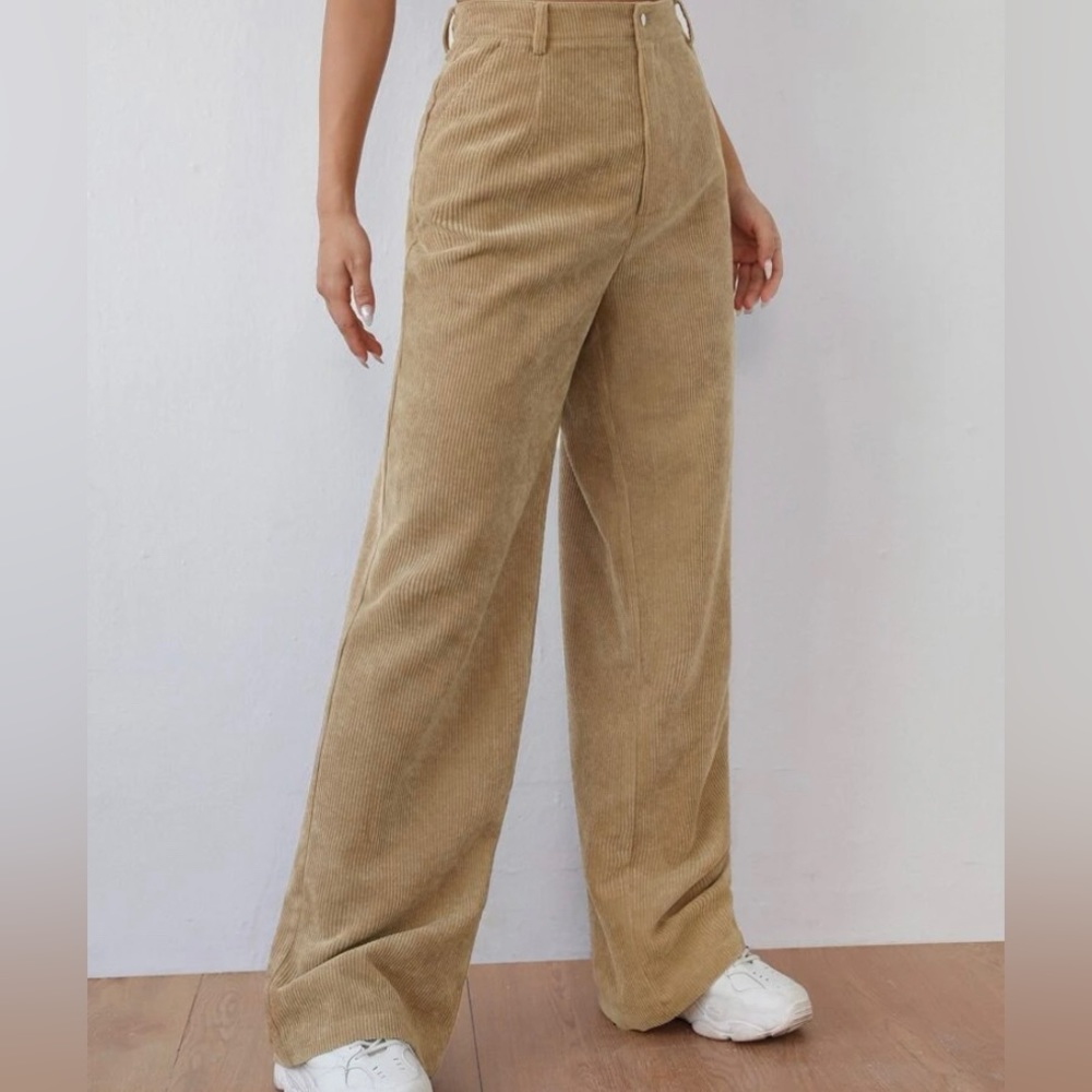 Zipper Fly Wide Leg Cord Pants